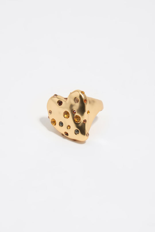 Matte gold textured heart crystals ring