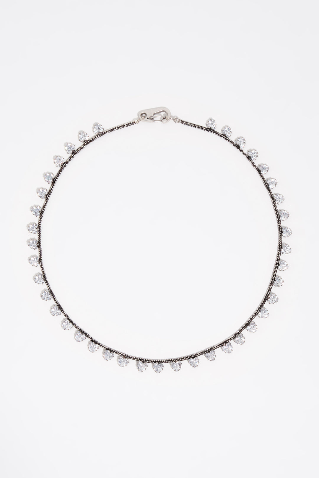 Aged silver crystal hearts necklace