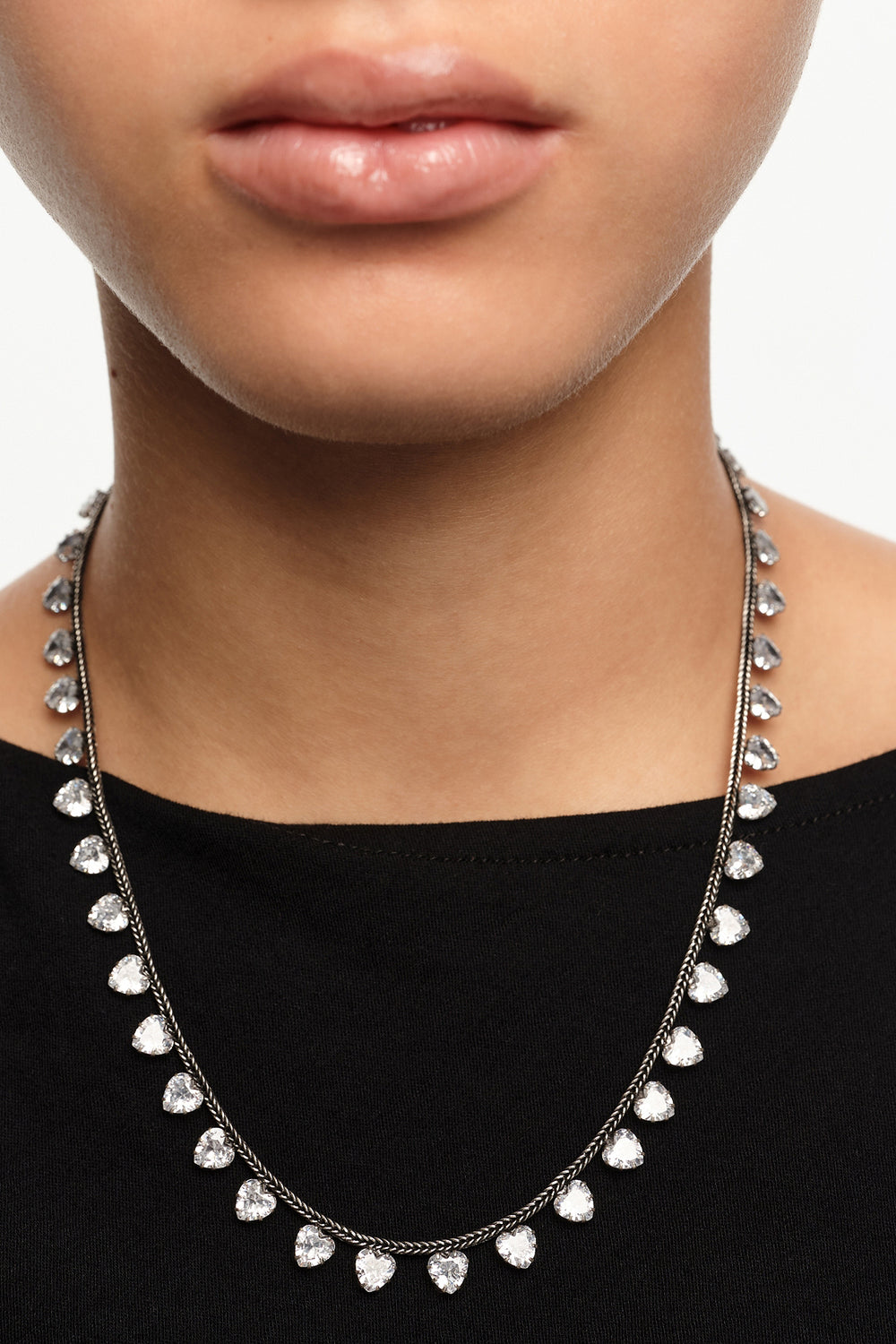 Aged silver crystal hearts necklace