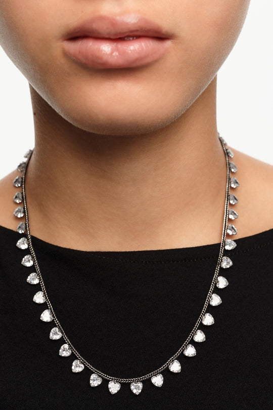 Aged silver crystal hearts necklace