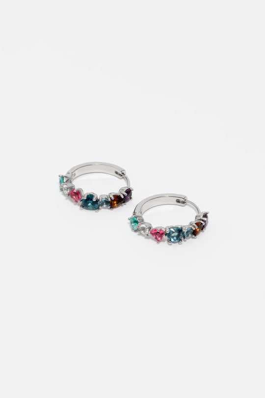 Silver crystals heart hoop earrings