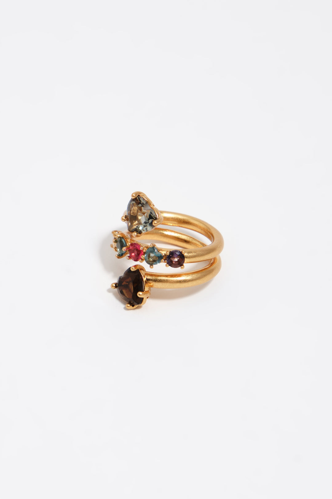 Brushed gold heart spiral ring with crystals