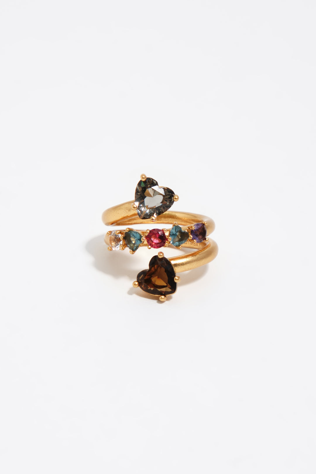 Brushed gold heart spiral ring with crystals