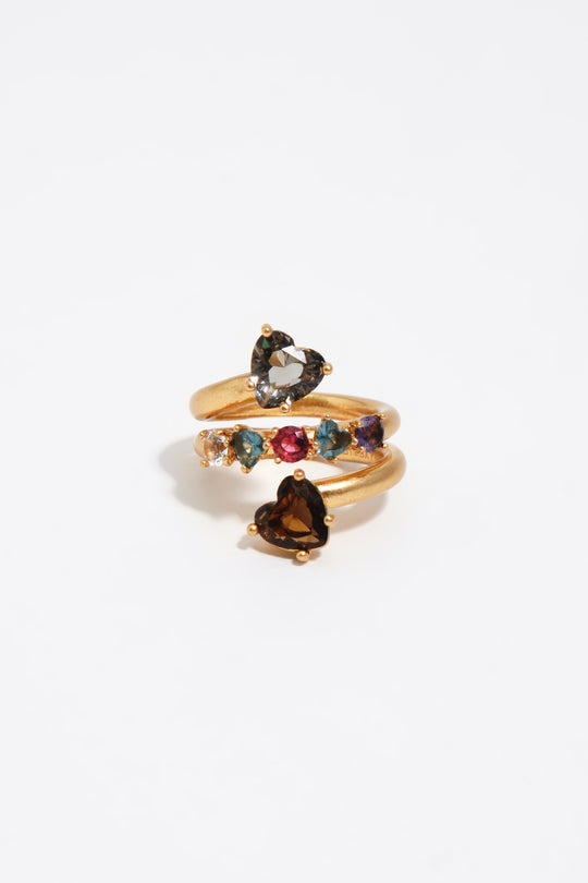 Brushed gold heart spiral ring with crystals