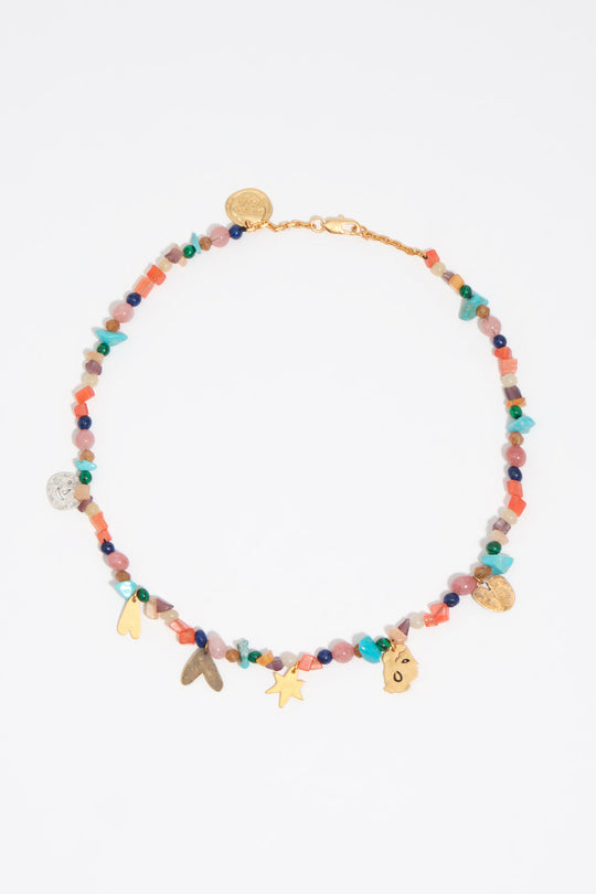 Necklace with metal silhouettes and multicolor stones