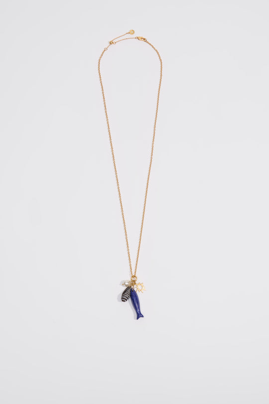 Aged gold necklace with fish and seashells