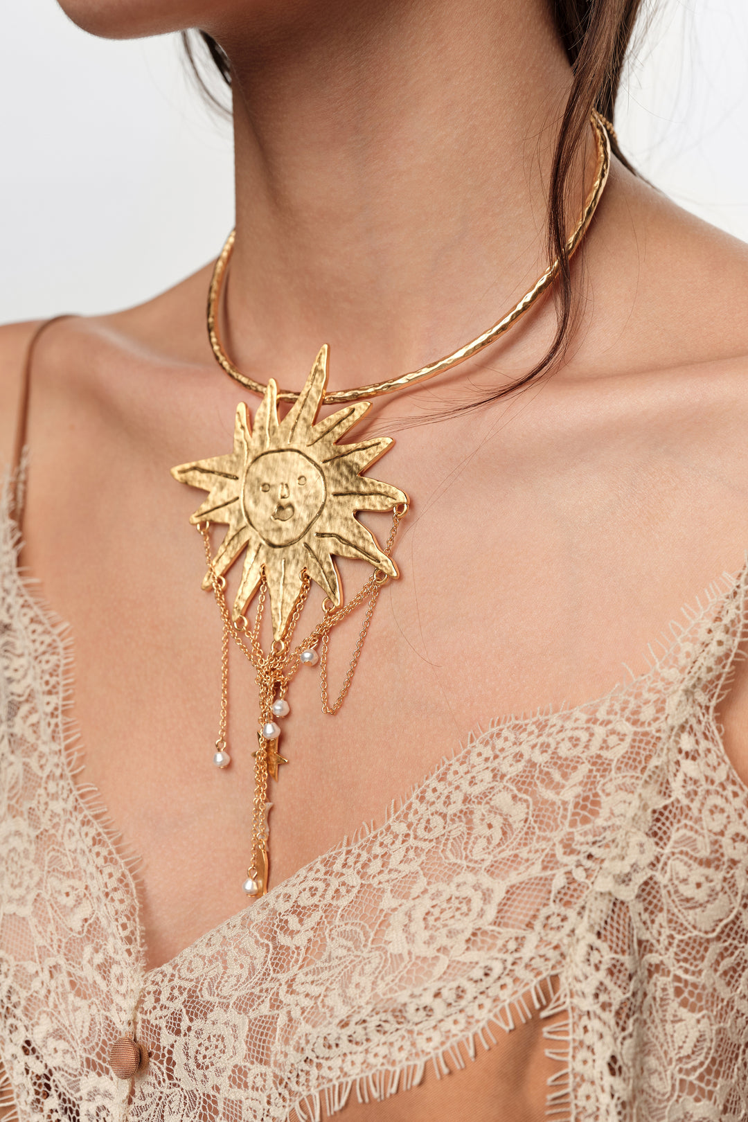 Sun and moon necklace with brushed gold chains and pearls