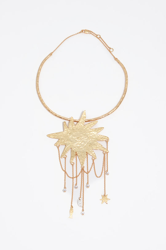 Sun and moon necklace with brushed gold chains and pearls
