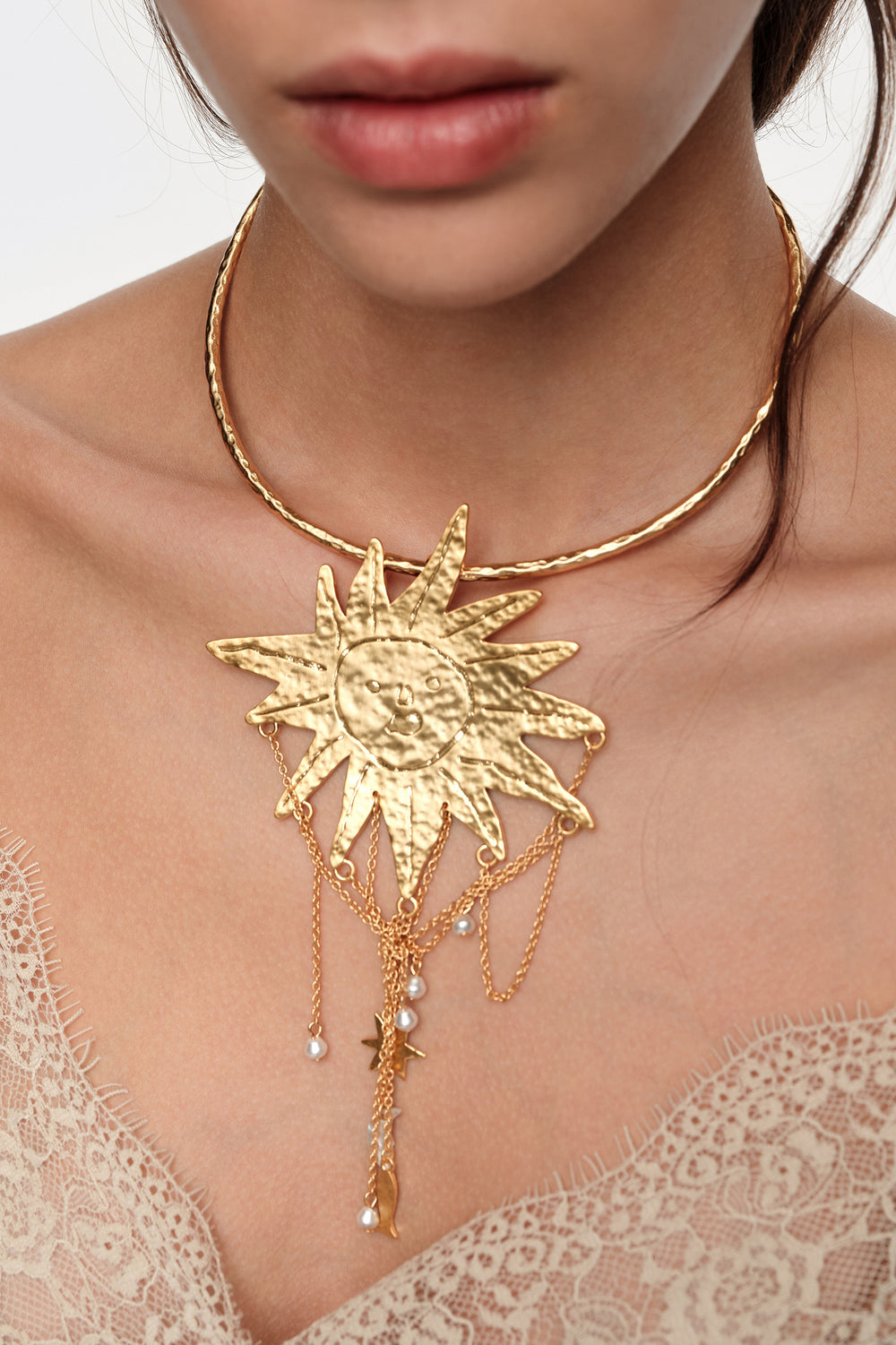 Sun and moon necklace with brushed gold chains and pearls