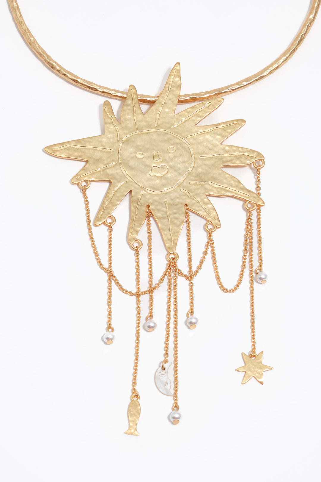 Sun and moon necklace with brushed gold chains and pearls