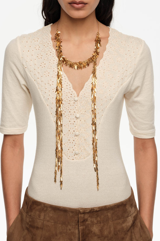 Aged gold metal chain necklace with fringe