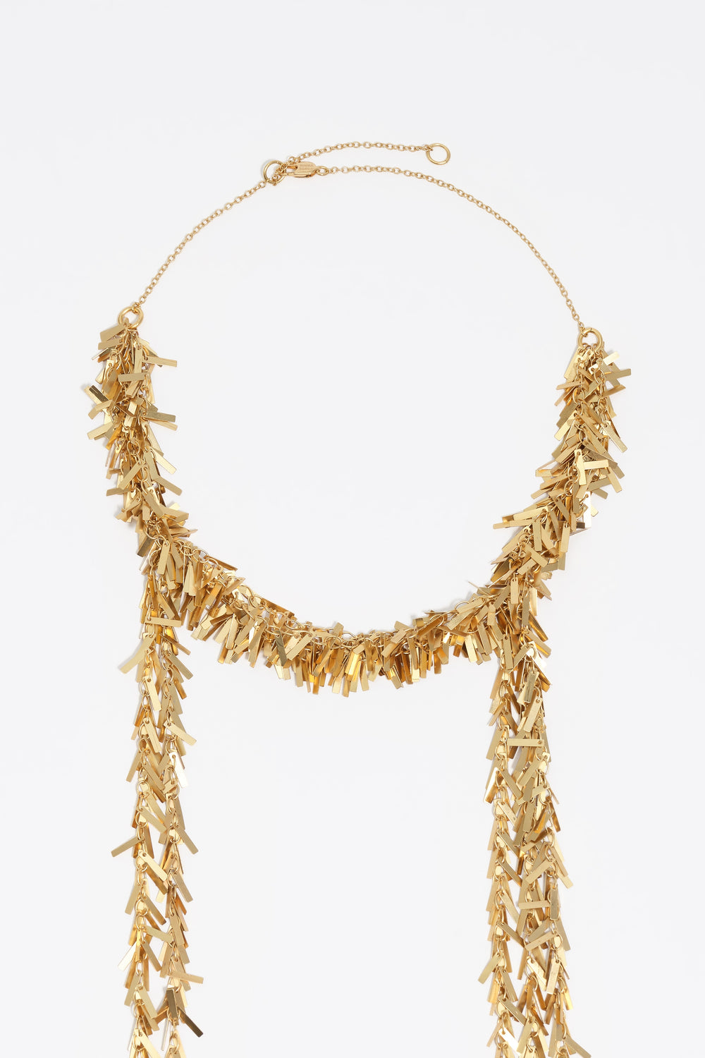 Aged gold metal chain necklace with fringe
