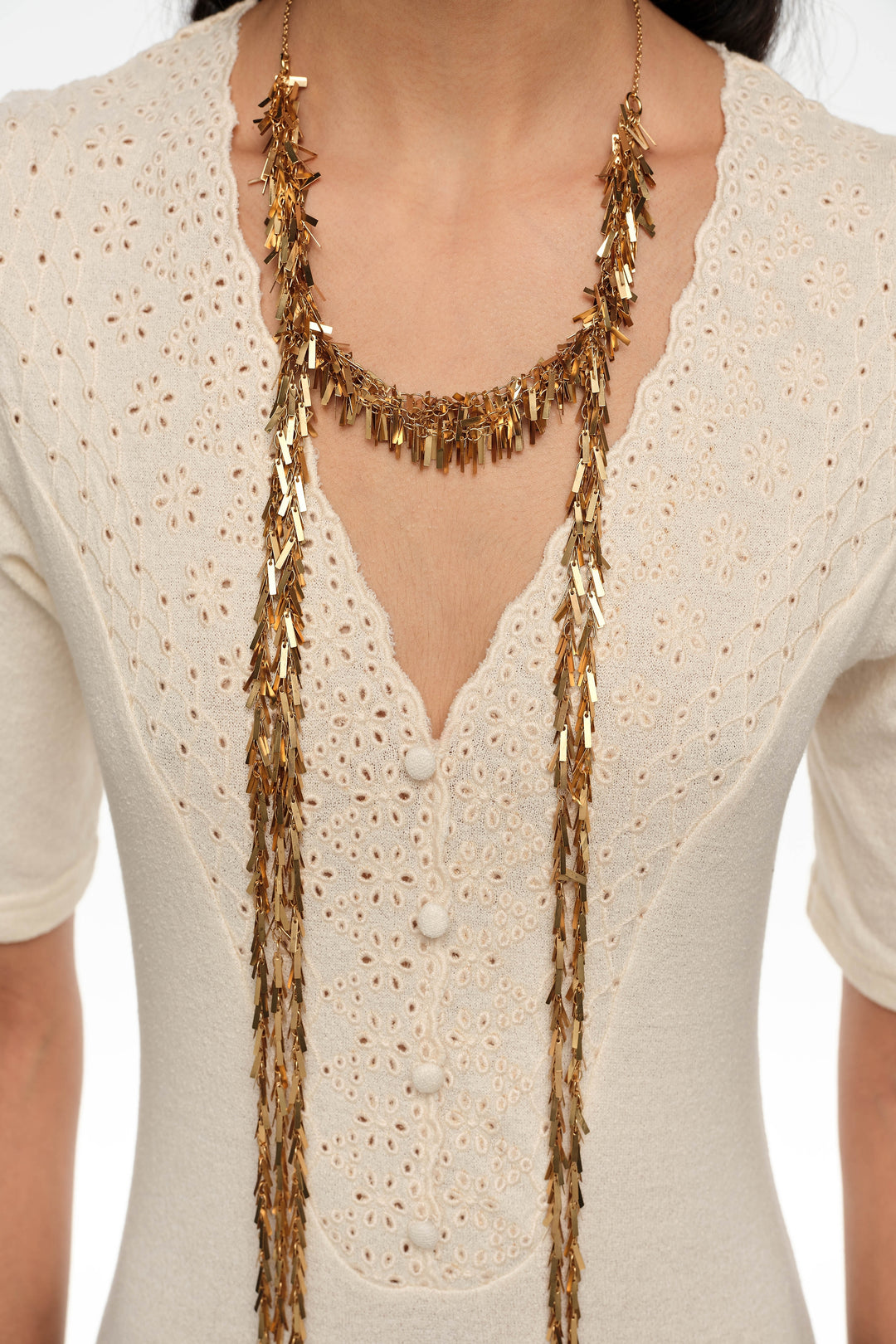 Aged gold metal chain necklace with fringe