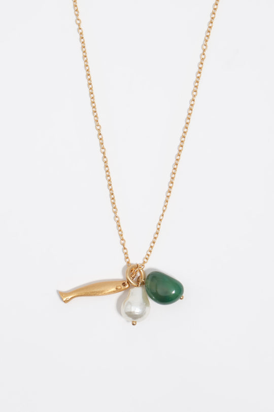 Aged gold necklace with fish and stone