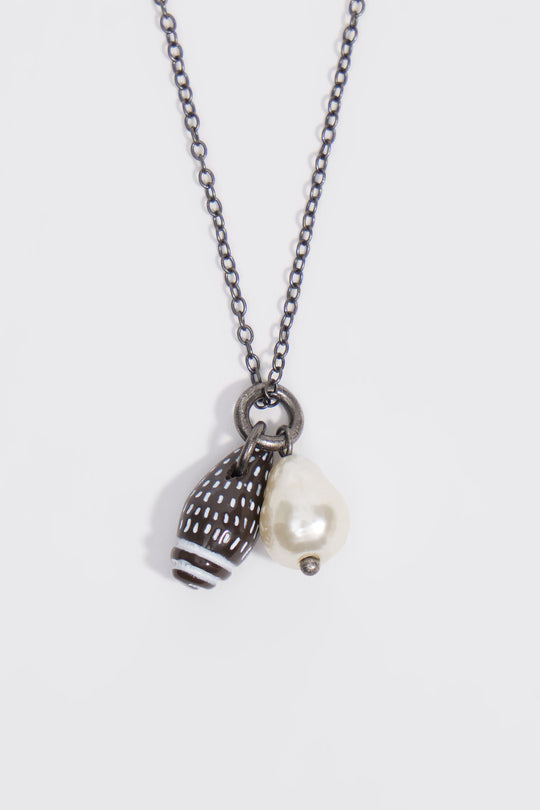 Aged silver necklace with seashell and pearl