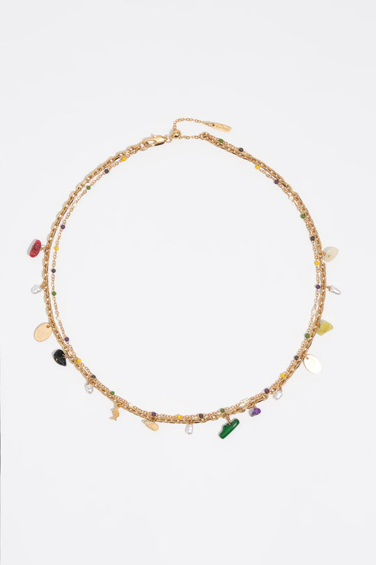 Multicolor stones double-layer chain necklace