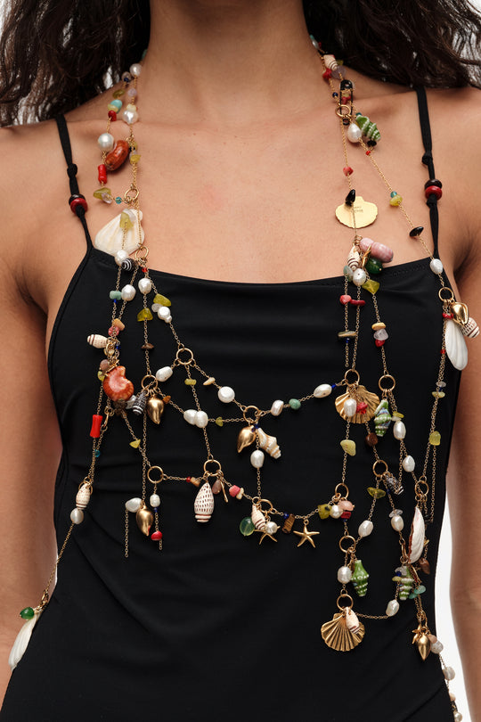 Pearls, conch shells and multicolor stones body chain