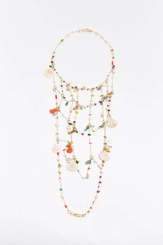 Pearls, conch shells and multicolor stones body chain