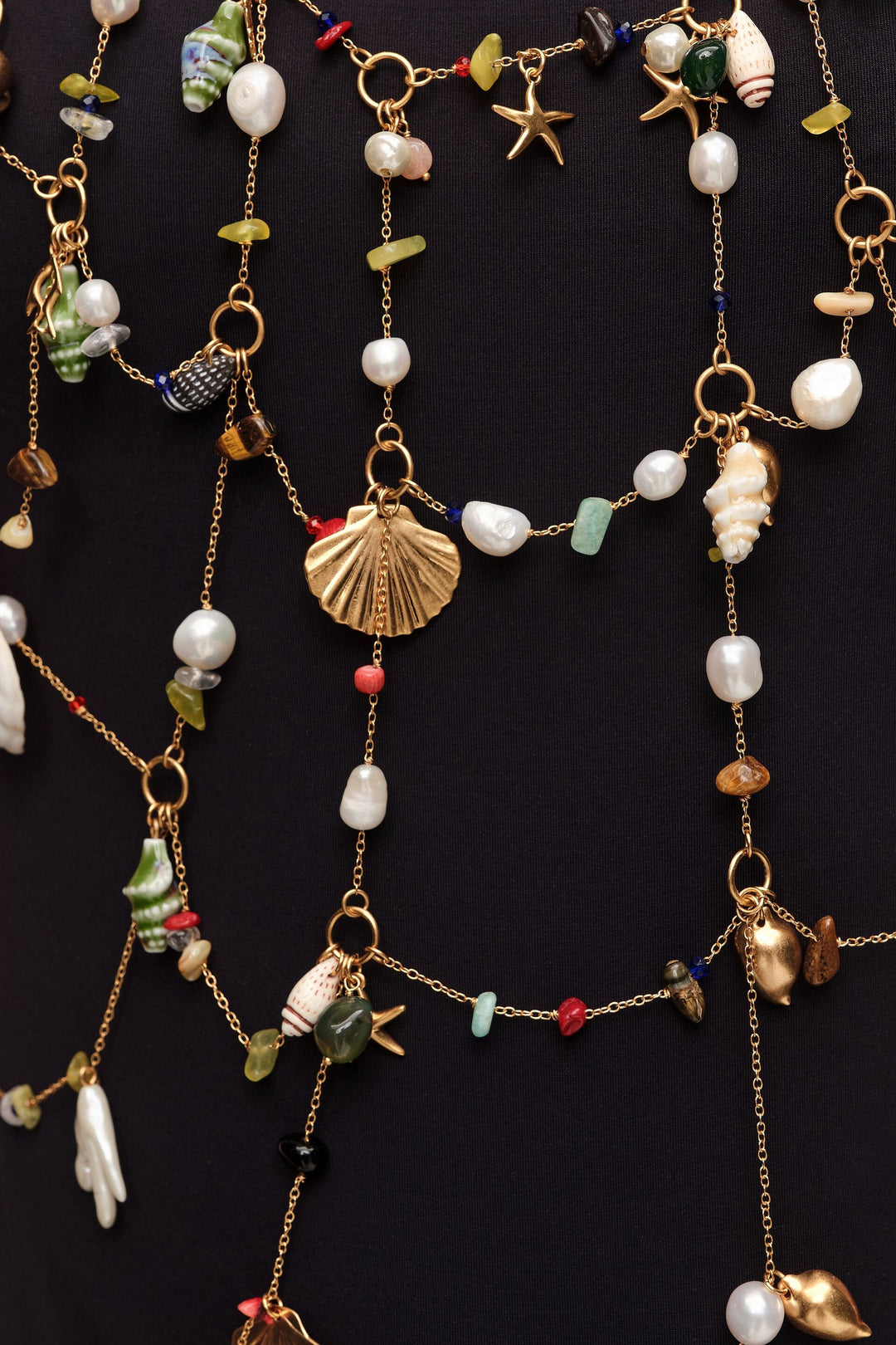 Pearls, conch shells and multicolor stones body chain