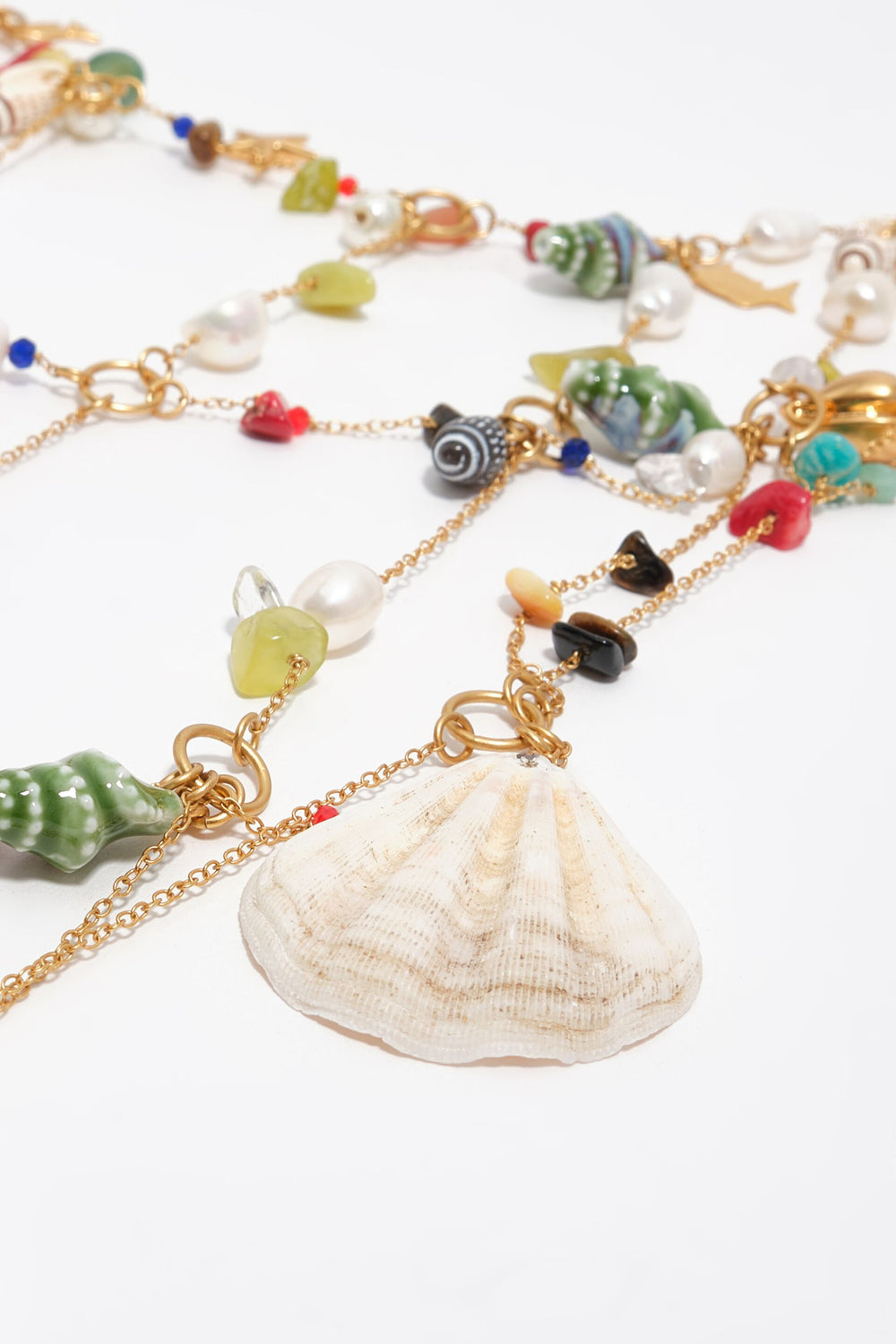 Pearls, conch shells and multicolor stones body chain