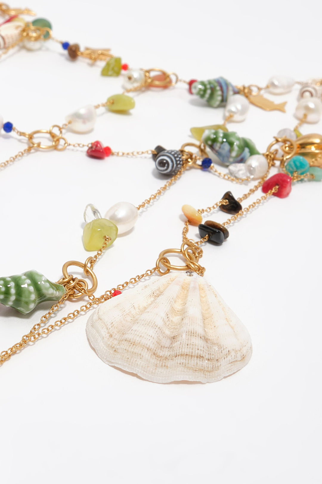 Pearls, conch shells and multicolor stones body chain