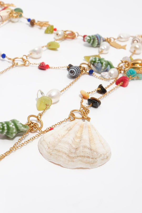 Pearls, conch shells and multicolor stones body chain