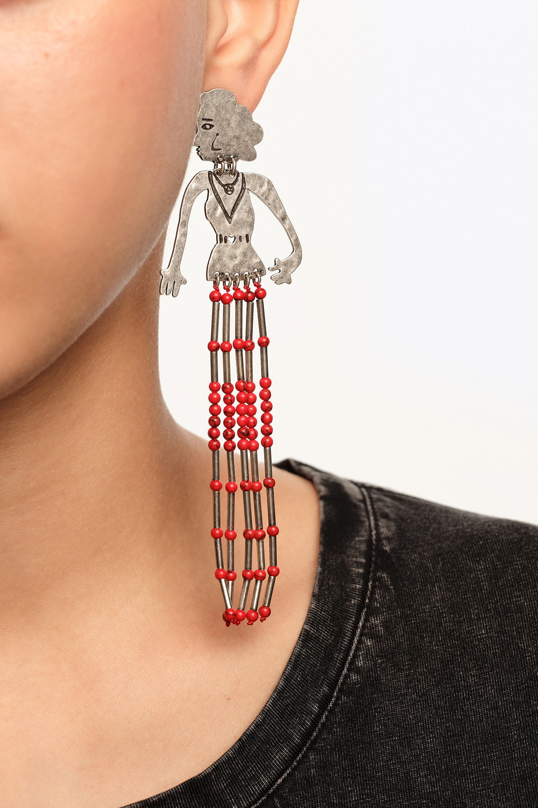 Aged silver metal silhouette and stones earrings
