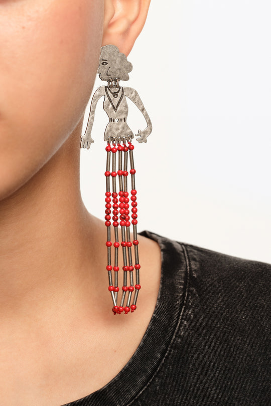 Aged silver metal silhouette and stones earrings
