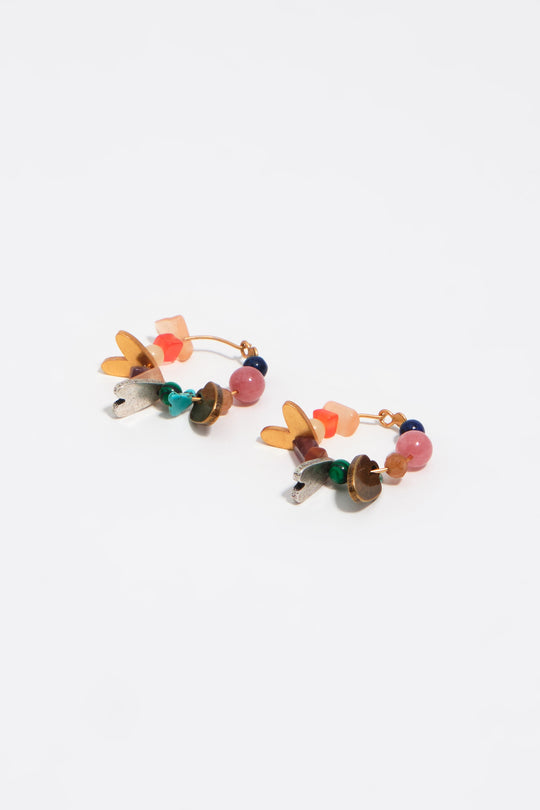 Metal silhouette and multicolor stone hoop earrings