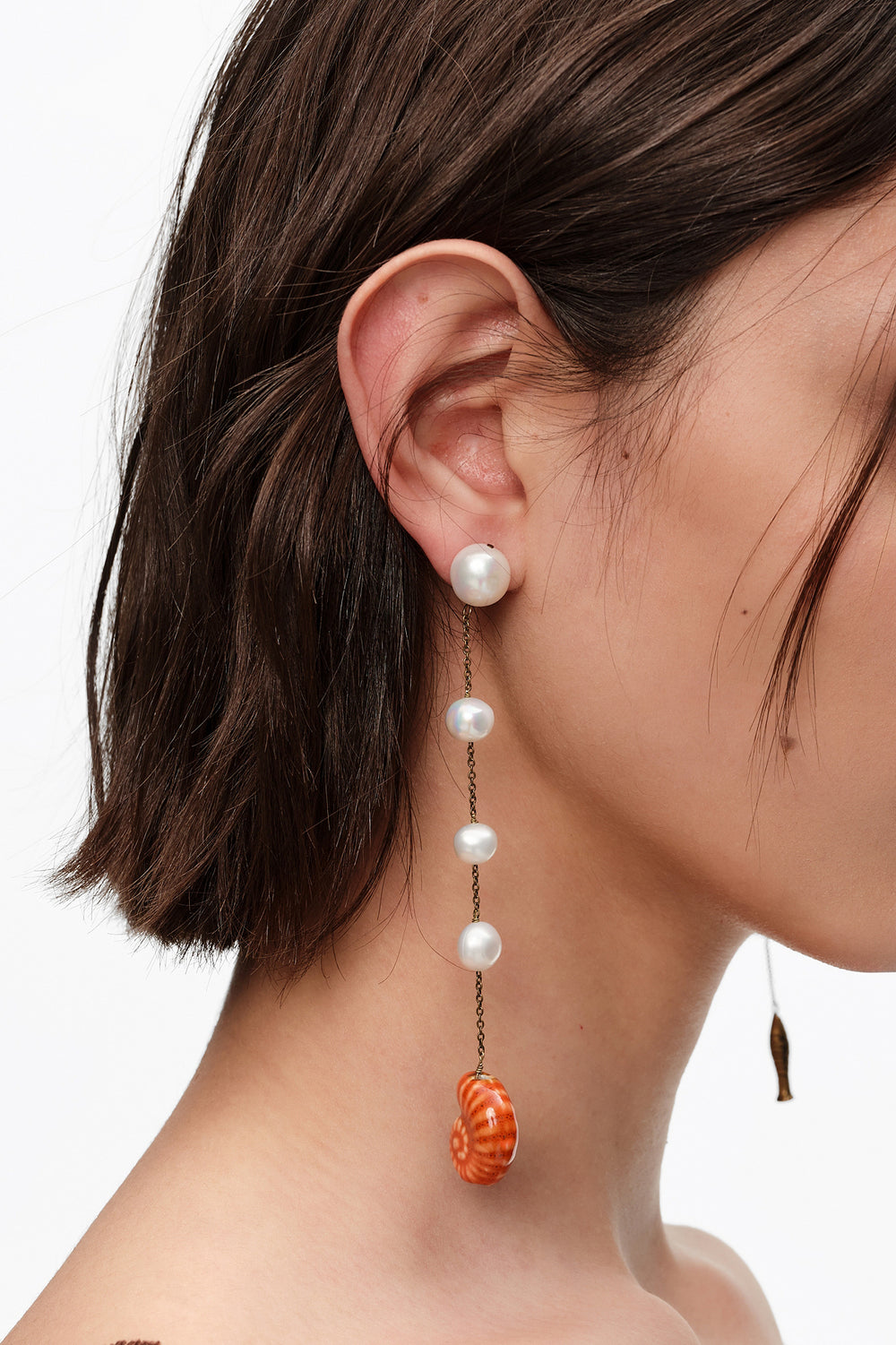 Pearl earrings with ceramic fish and seashell