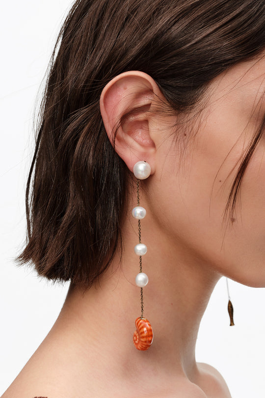 Pearl earrings with ceramic fish and seashell