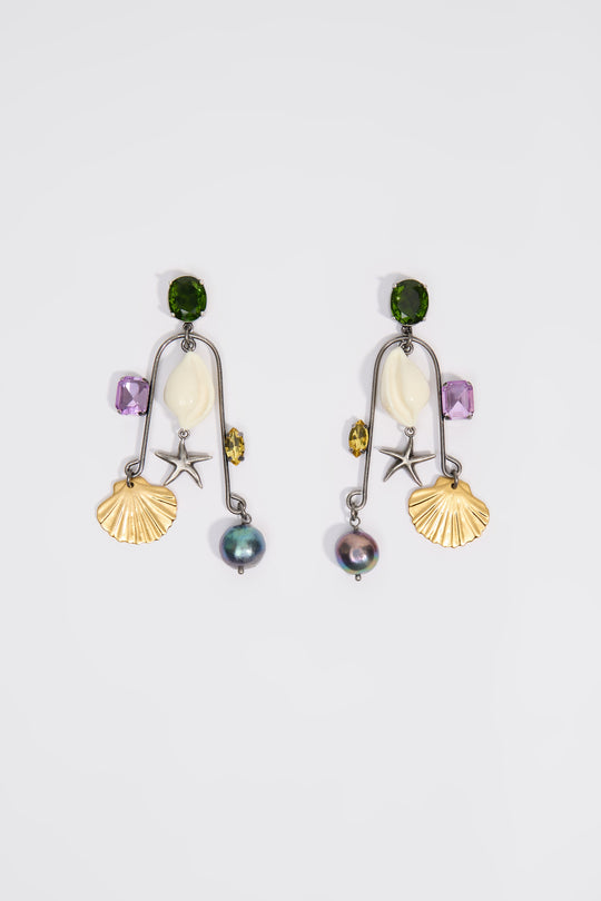 Aged silver seashell and crystals earrings