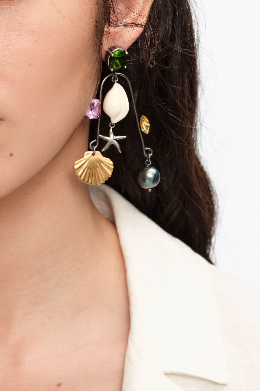 Aged silver seashell and crystals earrings