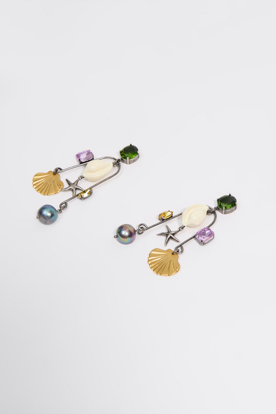 Aged silver seashell and crystals earrings