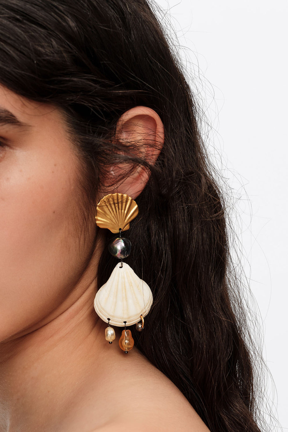 Aged gold metal and natural seashell earrings