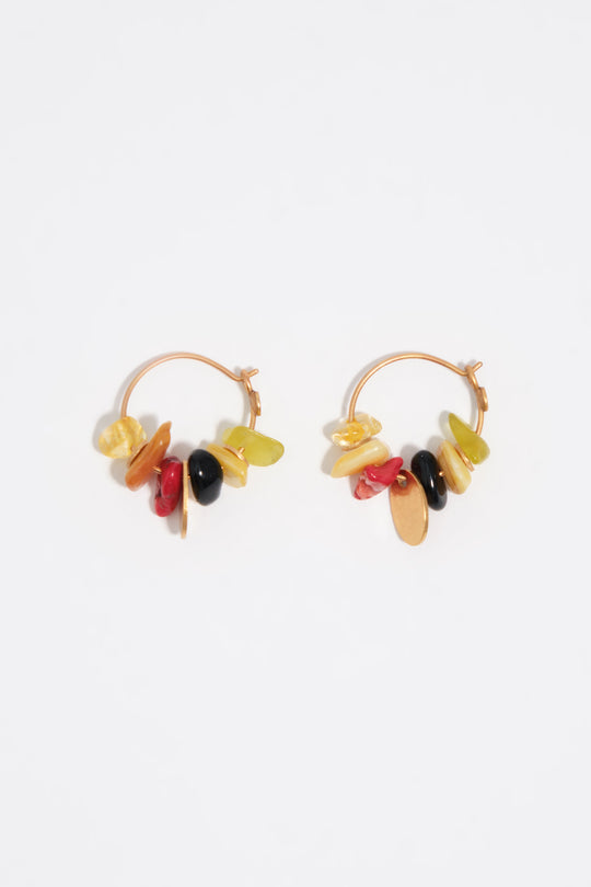 Hoop earrings with stones and aged gold metal texture