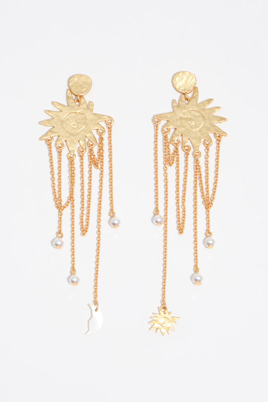 Sun earrings with brushed gold chains