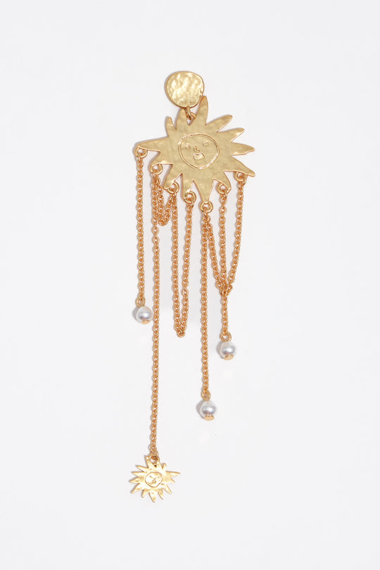Sun earrings with brushed gold chains