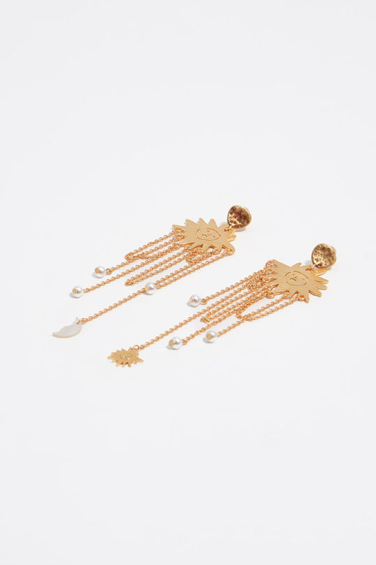 Sun earrings with brushed gold chains