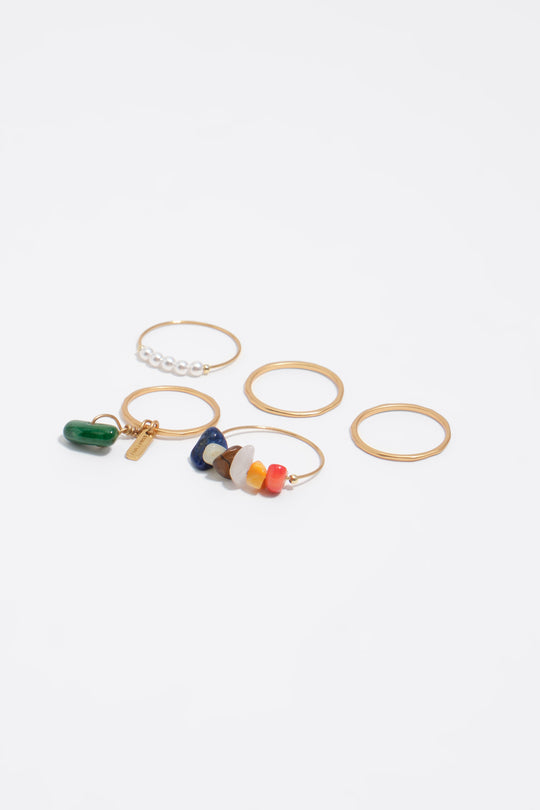 Set of matte gold rings with stones and pearls