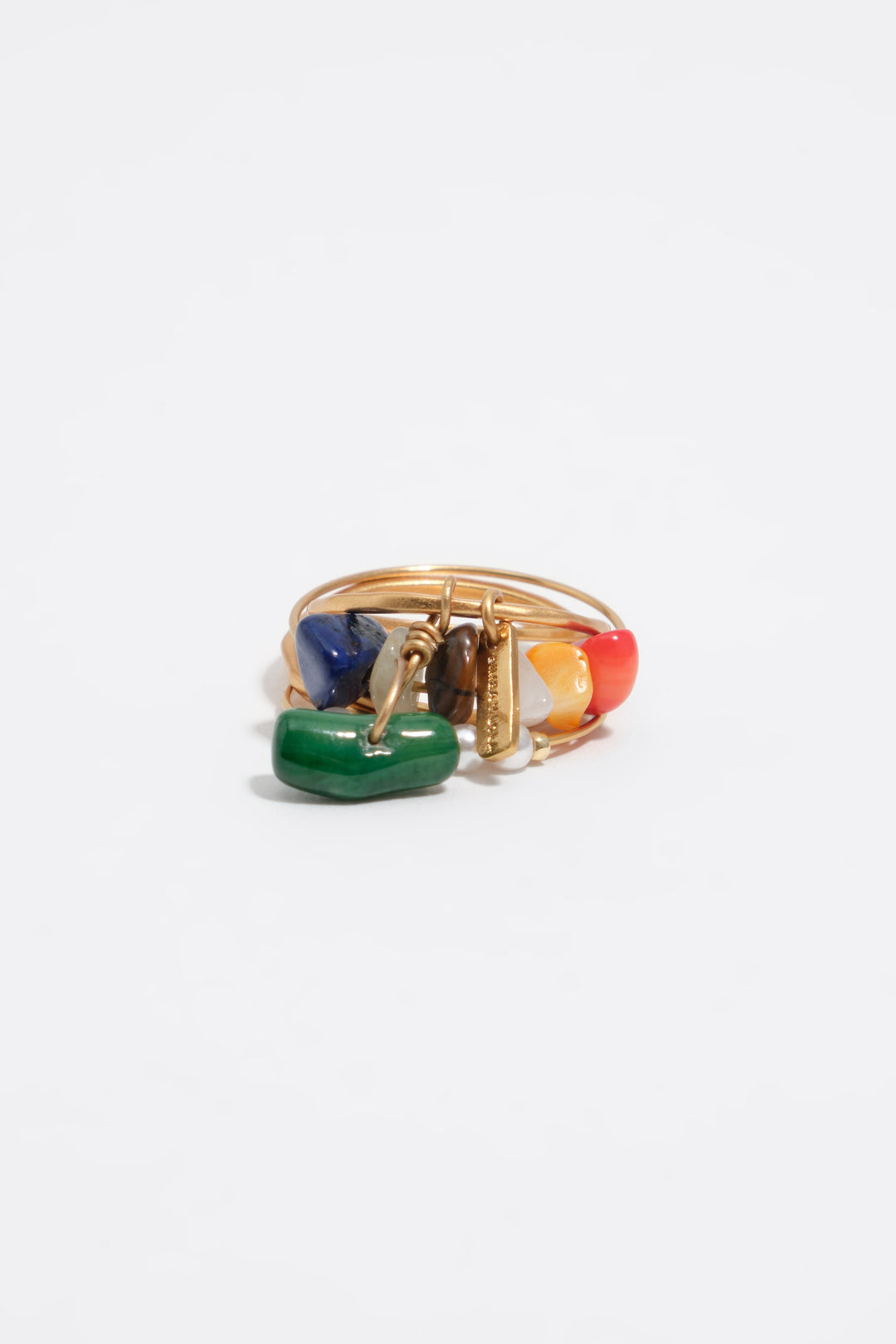 Set of matte gold rings with stones and pearls