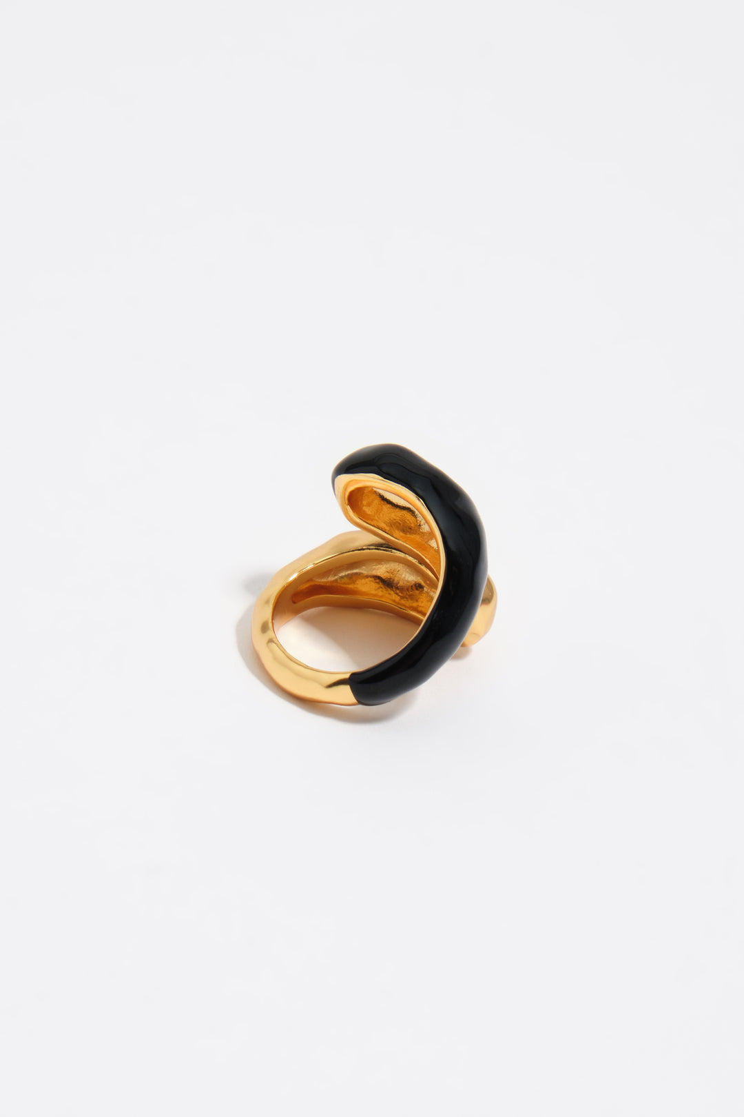Matte gold textured criss-cross ring with black enamel