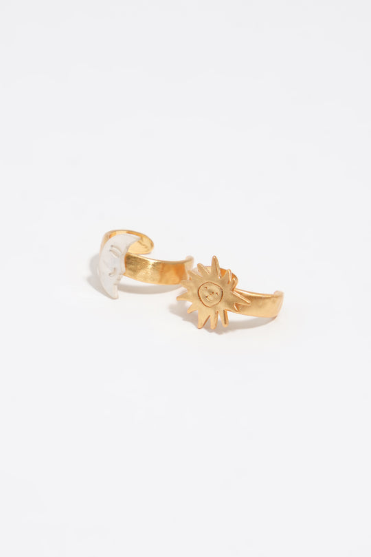 Set of 2 mini sun and moon rings with mother-of-pearl