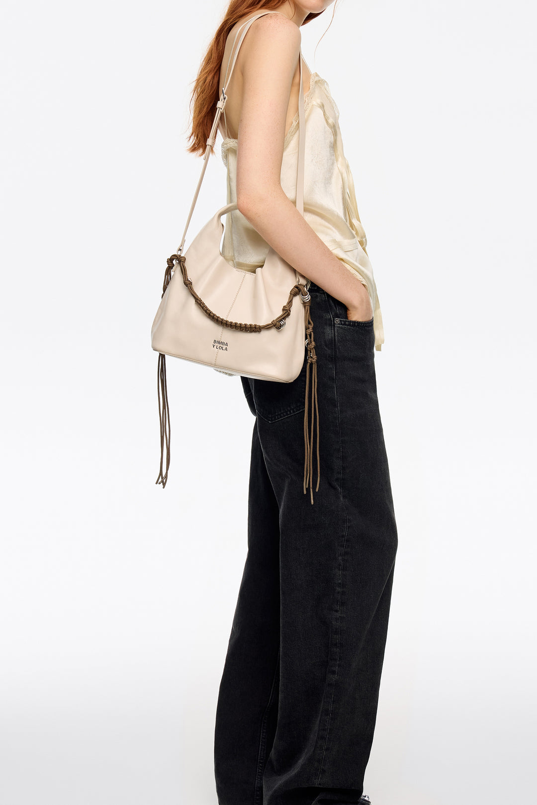 Small ivory leather plaited handle Paper bag