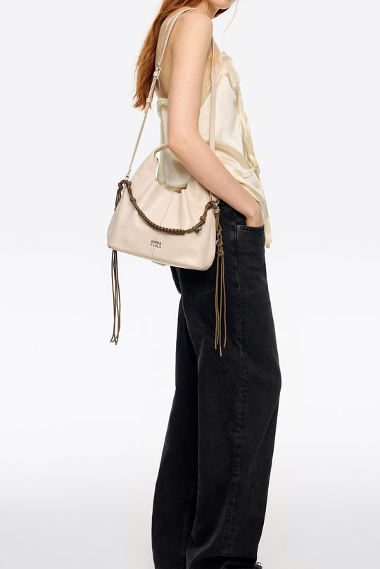 Small ivory leather plaited handle Paper bag