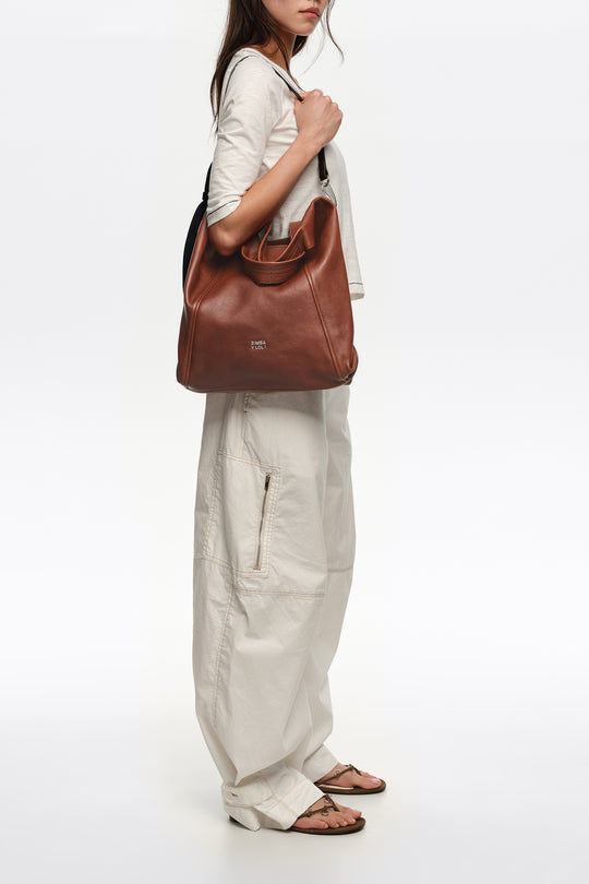Large dark tan leather Paper bag