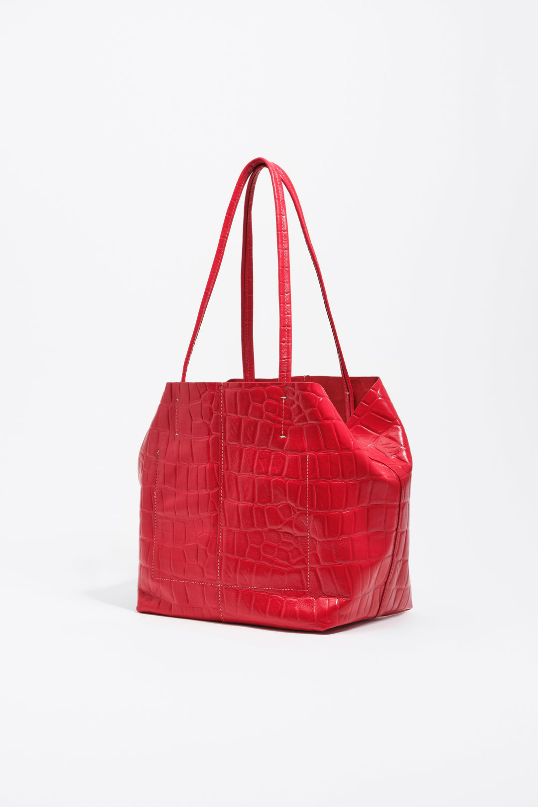 Medium leather shopper bag in red crocodile embossed
