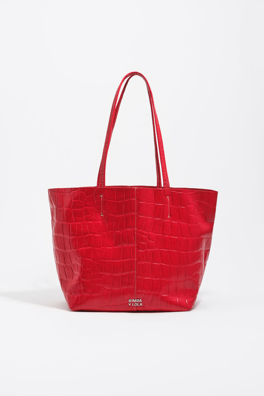 Medium leather shopper bag in red crocodile embossed