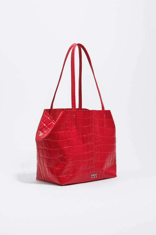 Medium leather shopper bag in red crocodile embossed