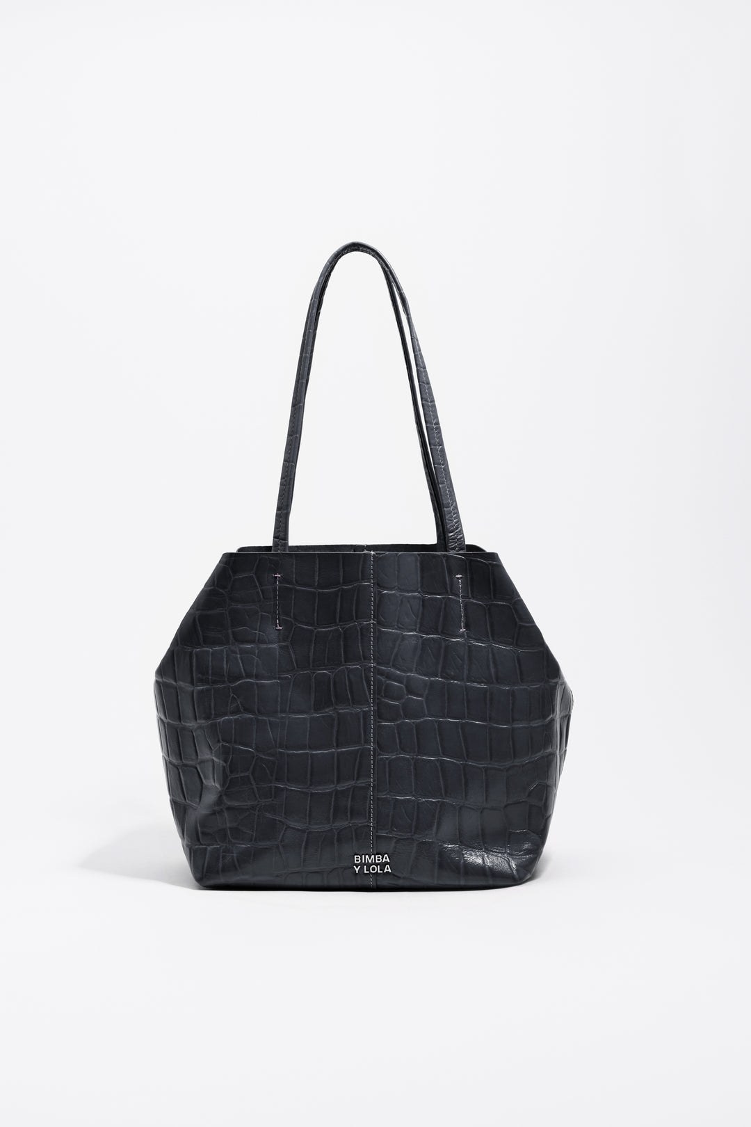 Medium leather shopper bag in petrol blue crocodile embossed